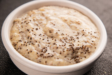 Chia pudding fruit puree tasty snack fresh delicious gourmet food background on the table rustic food top view copy space keto and paleo diet vegan and vegetarian food