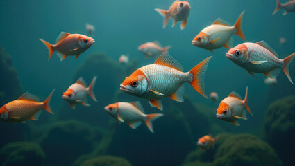 Fototapeta premium Schools of orange fish swimming together in a tranquil underwater scene 