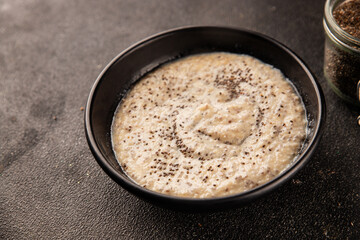 Chia pudding fruit puree tasty snack fresh delicious gourmet food background on the table rustic food top view copy space keto and paleo diet vegan and vegetarian food