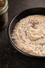 Chia pudding fruit puree tasty snack fresh delicious gourmet food background on the table rustic food top view copy space keto and paleo diet vegan and vegetarian food