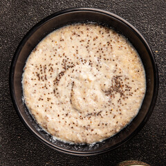 Chia pudding fruit puree tasty snack fresh delicious gourmet food background on the table rustic food top view copy space keto and paleo diet vegan and vegetarian food