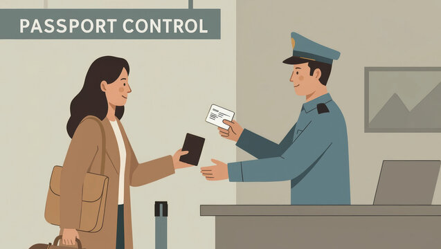 Woman handing passport to male officer at passport control desk  