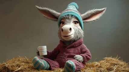 Cozy animated donkey wearing knit outfit and holding coffee cup