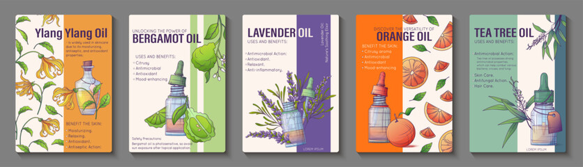 Set of 5 vector infographic posters with glass bottles of essential oils: orange, bergamot, ylang-ylang, lavender, and tea tree. Aromatherapy, cosmetic, wellness, and natural care design.