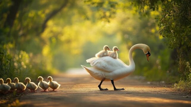 Swan leading fuzzy goslings on a sunlit path in lush green forest surrounding