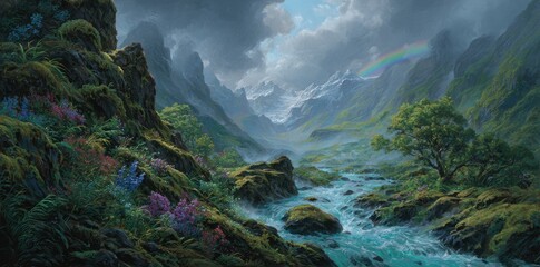 Mountain Valley With River And Rainbow