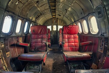 Rows of worn red passenger seats inside decaying fuselage of abandoned aircraft showing passage of time