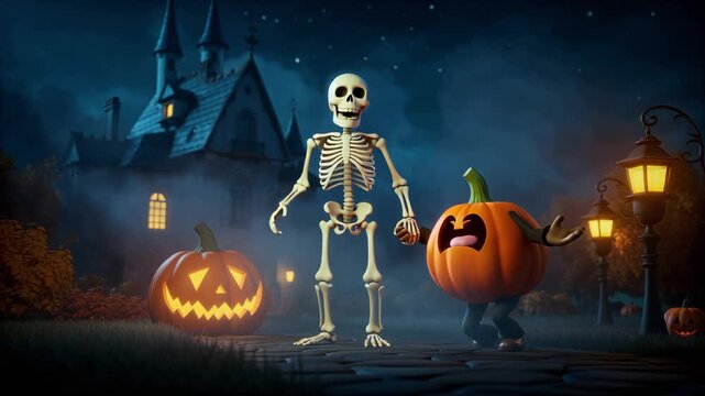 cartoon skeleton and pumpkin near abandoned castle, halloween