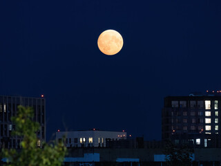 Big full moon rise over city buildings