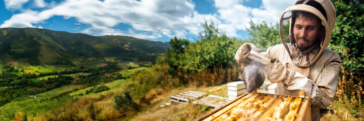 Beekeeper in Scenic Landscape Wide Banner