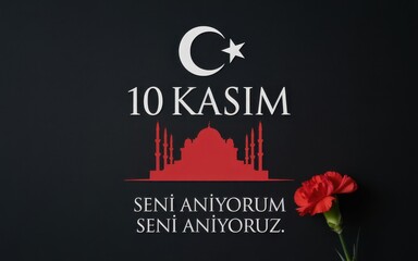 Commemorating atatrk on november 10th with turkish flag and mosque silhouette