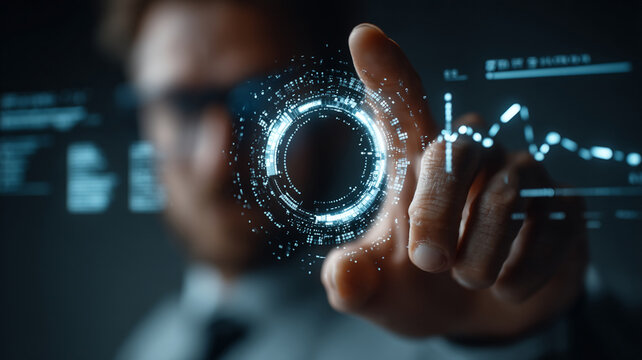 Hand holding glowing circular data visualization