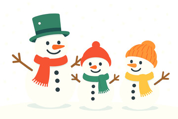 Three cheerful snowmen in winter attire with red, green, and orange accessories celebrating the snowy season