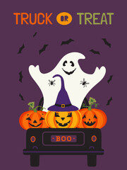 Halloween Spooky Truck or Treat Cute poster. Holiday truck with ghost, pumpkins, spider, bats scary characters cartoon design element illustration. Happy Halloween holiday fun event background