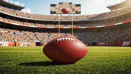 American Football Game in Packed Stadium - An American football rests on the field of a packed stadium, ready for the game to begin.