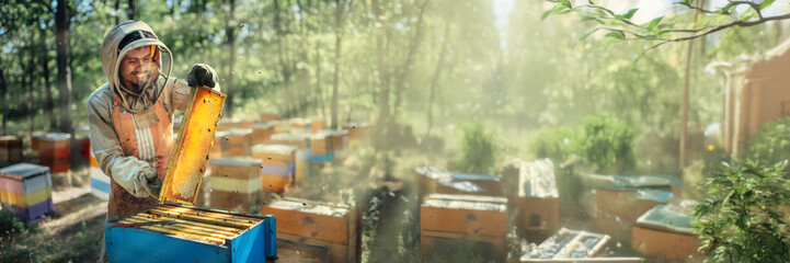 Beekeeper in Forest Wide Banner with Copy Space