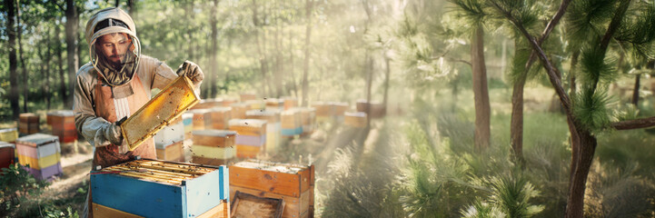 Beekeeper in Apiary Wide Banner with Copy Space
