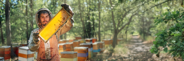 Beekeeper with Honeycomb in Wide Banner Image