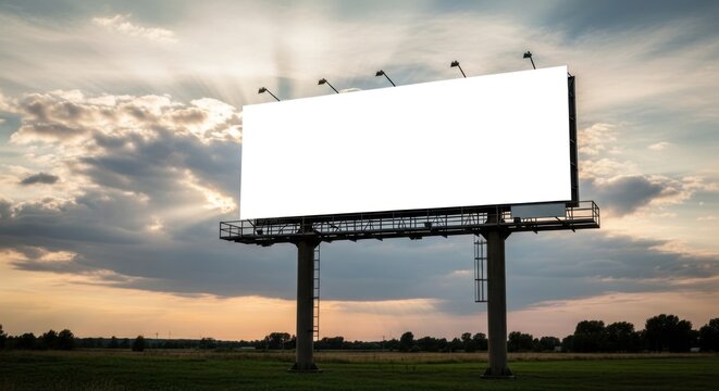Expansive blank outdoor advertising billboard standing tall against a vibrant sunset sky, providing an ideal canvas for powerful commercial messages and brand promotion.