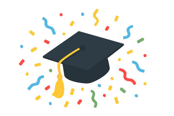 Graduation cap surrounded by colorful confetti celebrating academic achievement and success