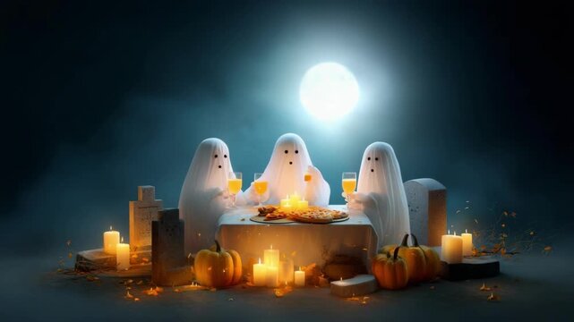 Three ghosts having a Halloween party at night with pizza, pumpkins and candles. Spooky holiday celebration.