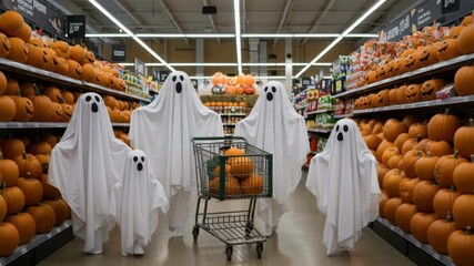 A family of ghosts with a kid pushing a shopping cart full of pumpkins in a Halloween decorated grocery store.