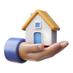 Naklejka premium 3D Render: Hand Holding Miniature House - Real Estate, Home Ownership Concept