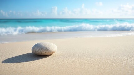 Obraz premium Pebble resting on smooth sandy beach with gentle waves lapping in the distance under a clear sky
