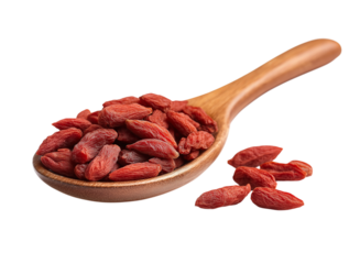 Goji Berries on a Wooden Spoon wolfberries dried fruit isolated on a transparent background