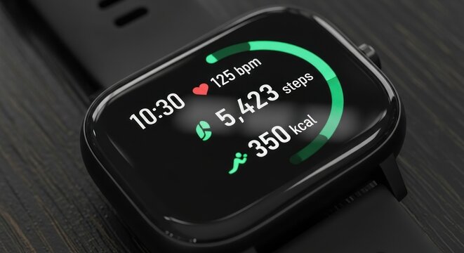 Close-up view of a modern smartwatch with a fitness tracker interface, displaying heart rate, step count, and calories burned for a healthy lifestyle.