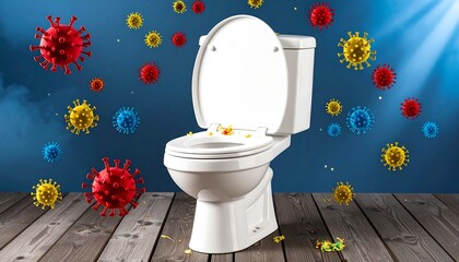 A white toilet bowl with viruses is presented against a dark blue wall and wooden floor.