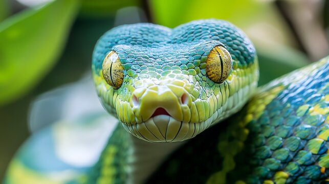 Colorful green tree python resting among leaves, showcasing vibrant scales and striking gaze, in natural habitat