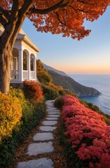 Naklejka premium Autumn Landscape with House, Trees, and Coastal Cliff View