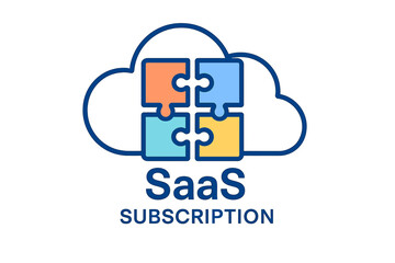 Cloud-based subscription model providing SaaS solutions with interconnected puzzle pieces representing collaboration and integration