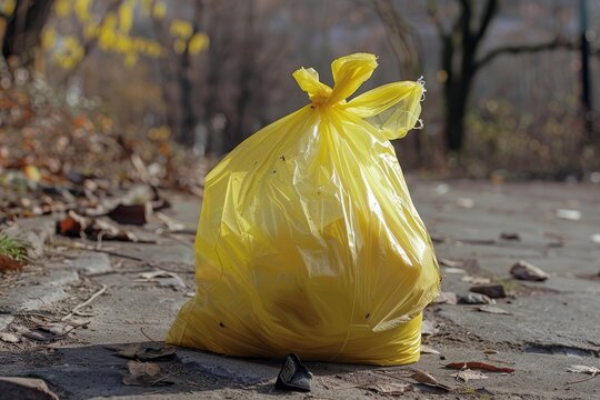 Fototapeta Yellow garbage bag full of trash left on the ground in a park, polluting the environment