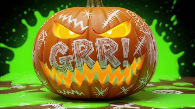 Angry halloween pumpkin with glowing eyes and carved "GRR!" on its face, resting on wood texture with slime wall behind.