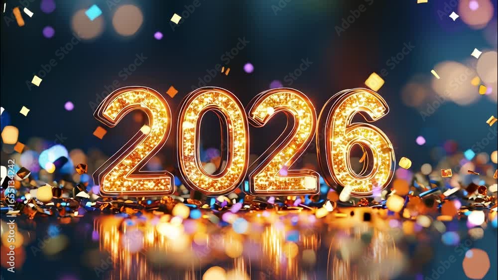 Poster gleaming resting 2026 digits with sparkling texture surrounded on reflective surface, golden by colo