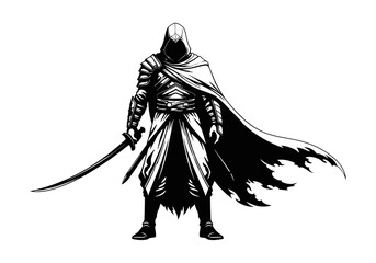 Vector art of an assassin with a sword, shrouded in mystery and shadow