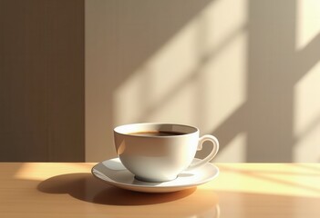 Fototapeta premium empty coffee cup daylight shadow play soft morning light serene tabletop stillness minimalist aesthetic, brew, design, interior, decor, textures, white