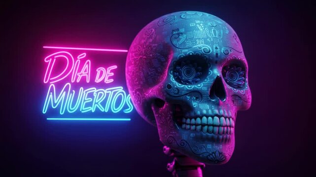 Decorated skull with neon lights for Day of Muertos. Digital sugar skull art for festive celebration. Dia de Muertos holiday.