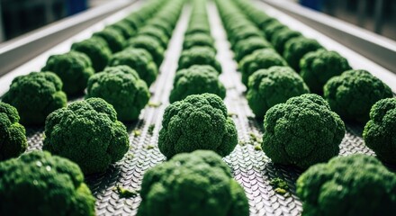 Fresh broccoli heads arranged in rows on a conveyor belt