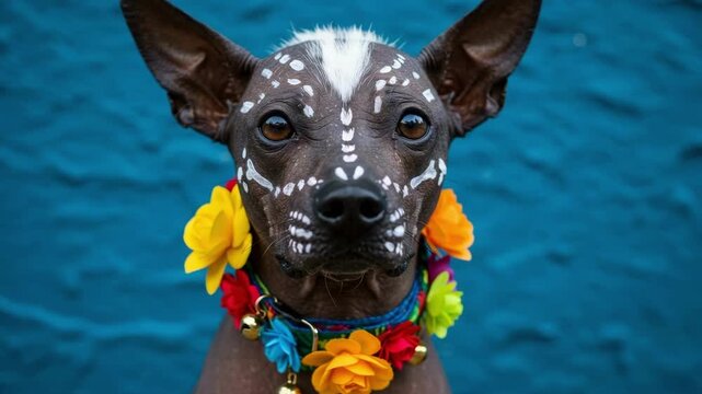 An adorable xoloitzcuintli dog dressed with colorful flowers and face paint for Day of the Dead celebration