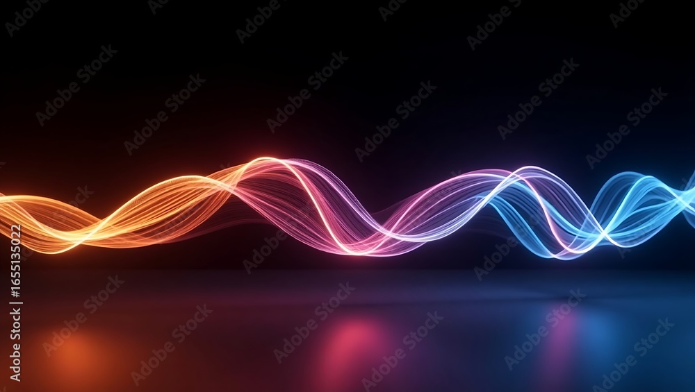 Poster abstract neon glowing waves with sparkling particles. futuristic intertwined light trails on a dark 