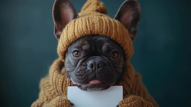 Cute french bulldog in cozy knit hat and sweater holding blank card