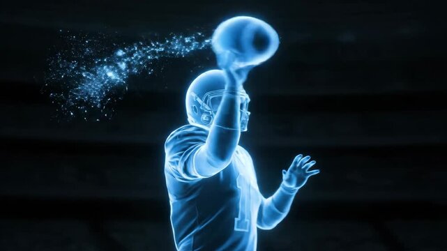 Holographic American Football Player Throwing Pass - A stylized, blue holographic video of an American football quarterback throwing a pass.