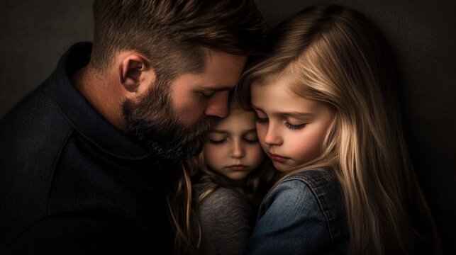 A man is hugging two children. The children are crying and the man is trying to comfort them