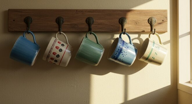 Five mugs hanging on a wooden rack