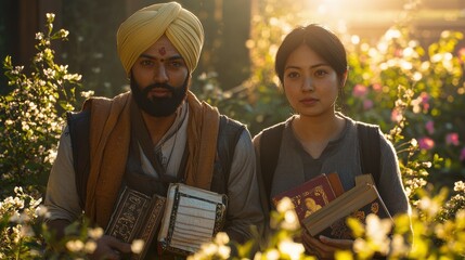 Interfaith dialogue young Sikh man turban woman short hair standing outdoor garden holding books natural lighting diversity multicultural friendship