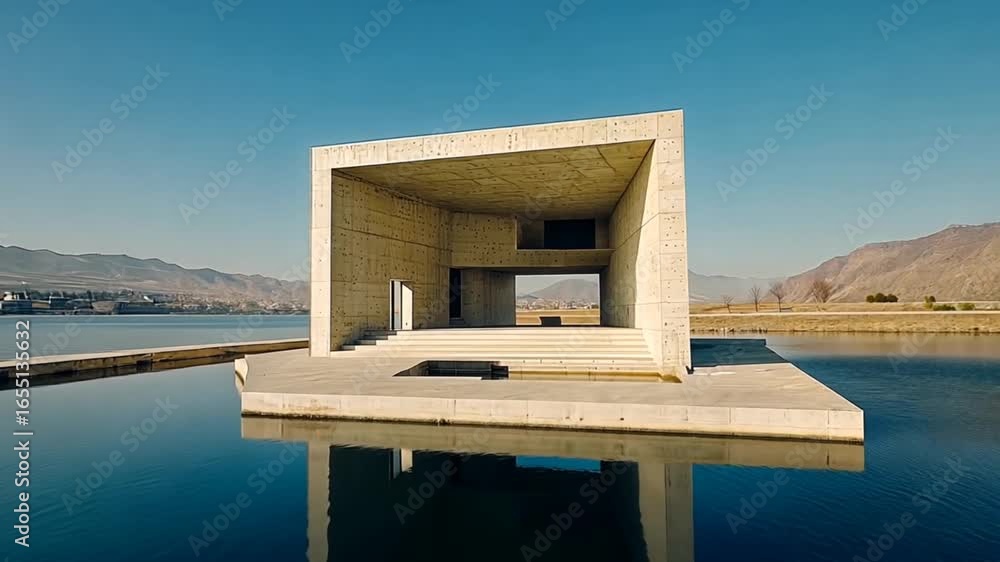 Poster concrete cube structure on a platform over water with mountain scenery in the background