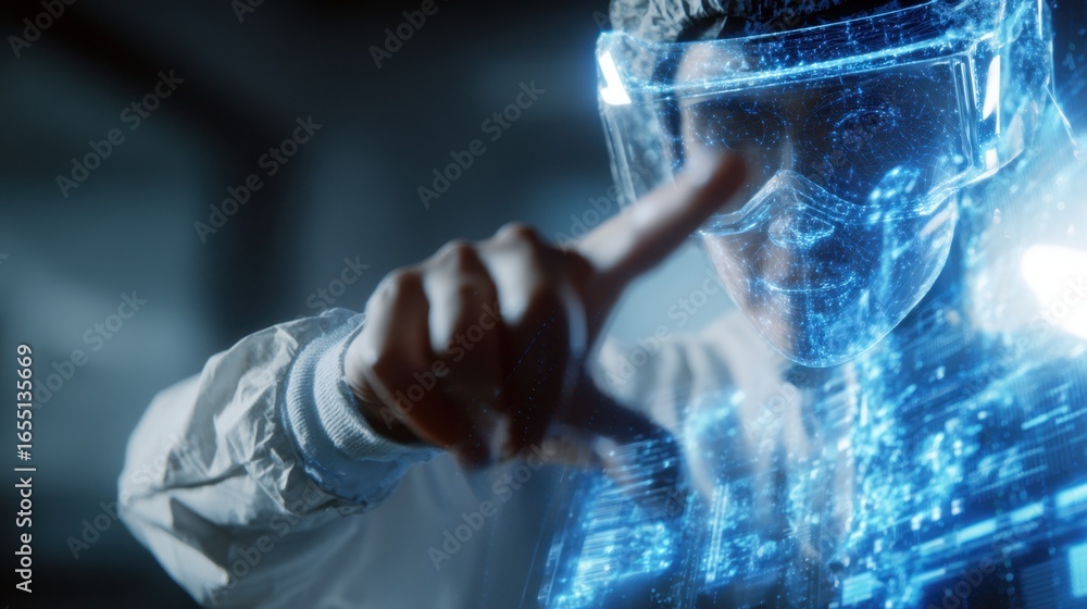 Poster medical scientist wearing augmented reality goggles interacts with holographic projection of human h